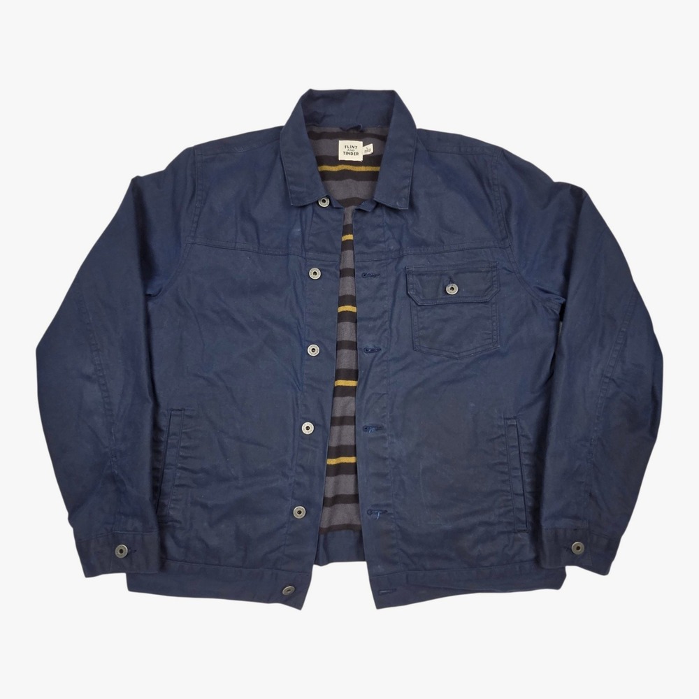 Flint and Tinder Waxed Trucker Jacket Sz L Navy Blue Flannel Lined Made in USA
